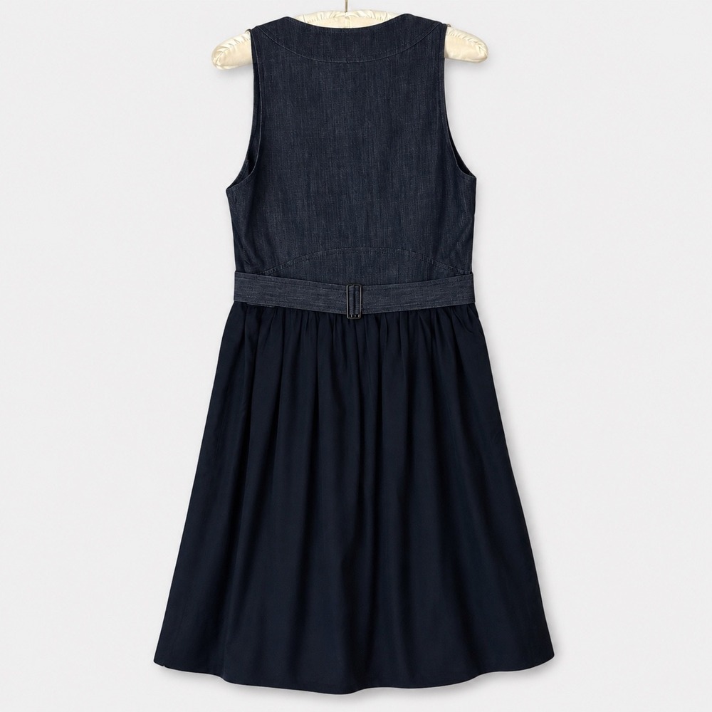 Mint Dress Women 4 Navy Blue Denim Silk Blend Sleeveless Shift Midi Pockets - Picture 3 of 12